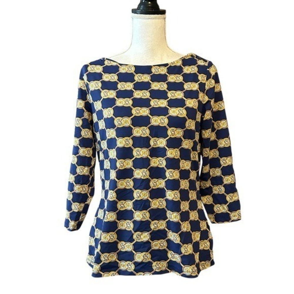 J McLaughlin Women's Medallion-Print 3/4-Sleeve Top SZ Large Navy & Gold